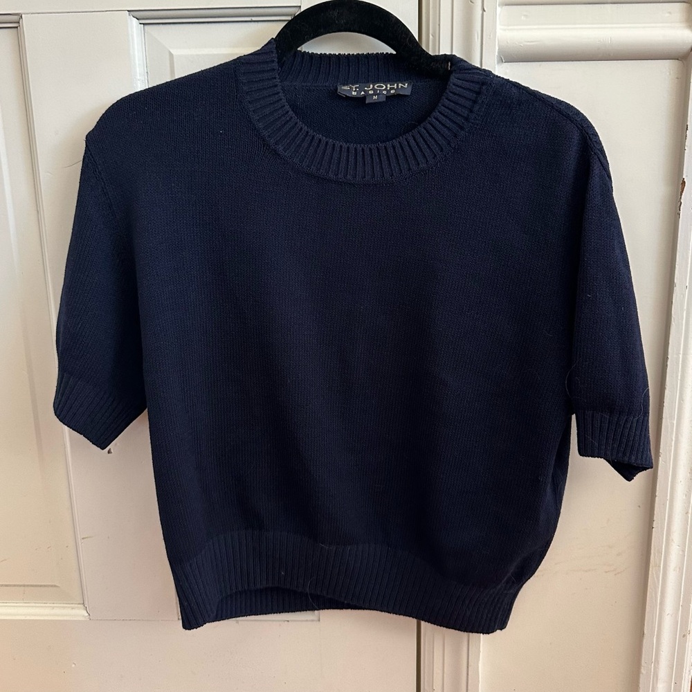 St. John Basics Navy Blue Short Sleeve Knit Sweater Top Size M